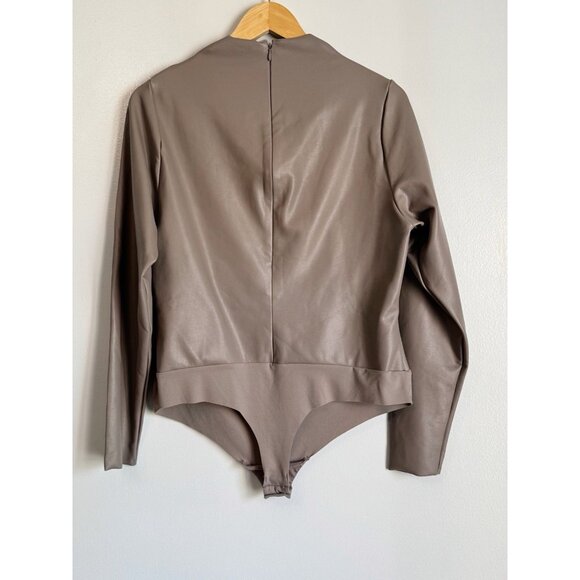 SKIMS Faux Leather Mock Neck Bodysuit 3X Long Sleeve Jasper Brown Thong Clubwear - Picture 13 of 14